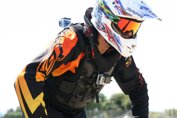 Image of rider with both front and rear-mounted GoPro Hero 3 cameras using the Moto Flak Mount