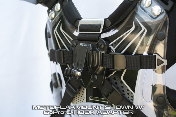 Image of Moto Flak Mount w/ GoPro J-hook adapter front-mounted on Fox Airframe chest protector shown here