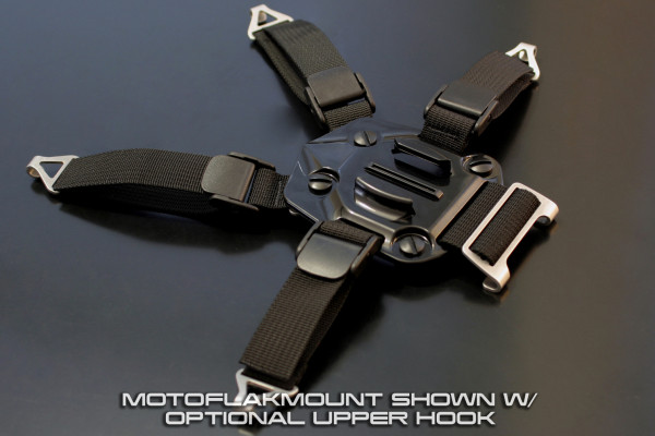 Close-up image of black Moto Flak Mount w/ optional upper hook shown here