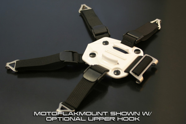 Close-up image of white Moto Flak Mount w/ optional upper hook shown here